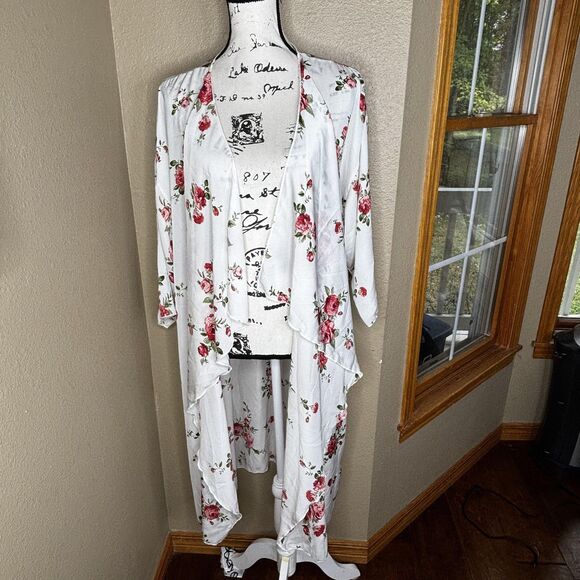LuLaRoe Kimono Womens Large White Pink Floral Open Front Lightweight Duster Robe - Picture 1 of 13